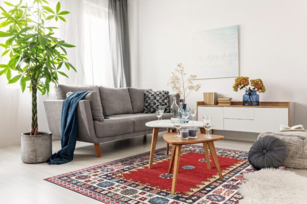 Red patterned rug with blue borders sits under nesting coffee tables next to a gray sofa.