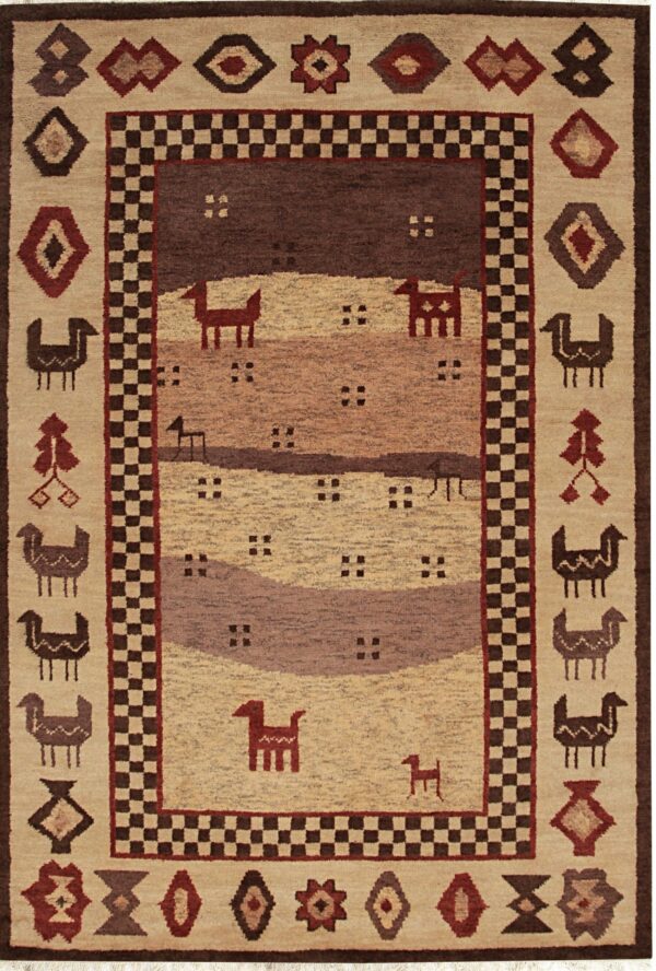 Beige and brown low pile rug featuring stylized animals, geometric shapes, and a checkerboard frame.