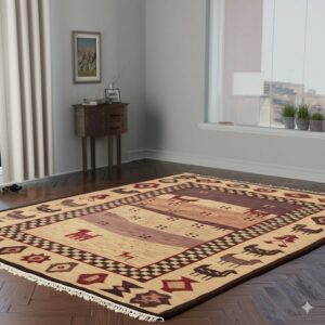 Beige flatweave rug with maroon and brown stylized motifs rests on dark herringbone wood flooring.