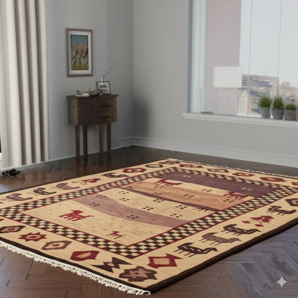 Beige flatweave rug with maroon and brown stylized motifs rests on dark herringbone wood flooring.