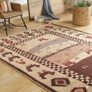 A beige rug with dark brown geometric and tribal patterns rests on light wood floors near a woven chair.