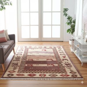 Flatweave rug with brown, maroon, and tan geometric patterns sits before bright white French doors.