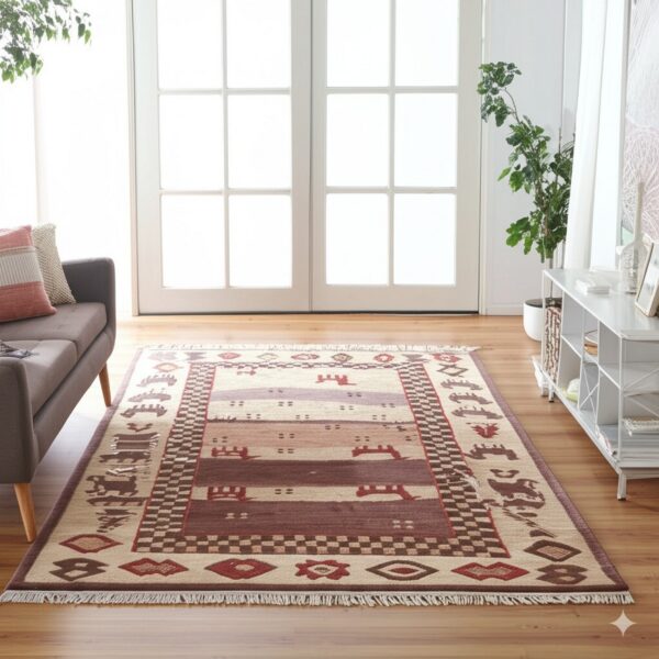 Flatweave rug with brown, maroon, and tan geometric patterns sits before bright white french doors.