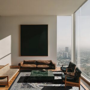 Traditional gray and navy rug anchors a modern room with leather furniture, wood floors, and a vast city view.