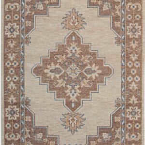 Traditional beige and brown geometric rug featuring a center medallion and blue and tan accents.