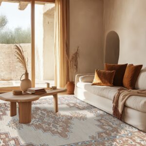 Cream and terracotta patterned rug in a sun-drenched room with exposed beams and natural wood furniture.