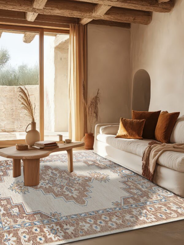 Cream and terracotta patterned rug in a sun-drenched room with exposed beams and natural wood furniture.