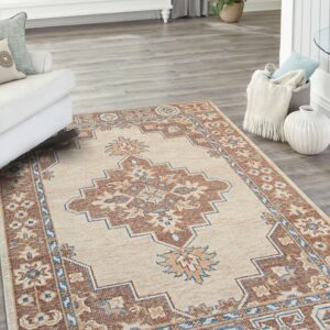 A cream and rust traditional patterned rug with blue accents rests on gray wood floors.