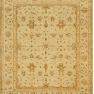 Rectangular light beige rug with detailed taupe, tan, and cream traditional floral vine motifs and borders.
