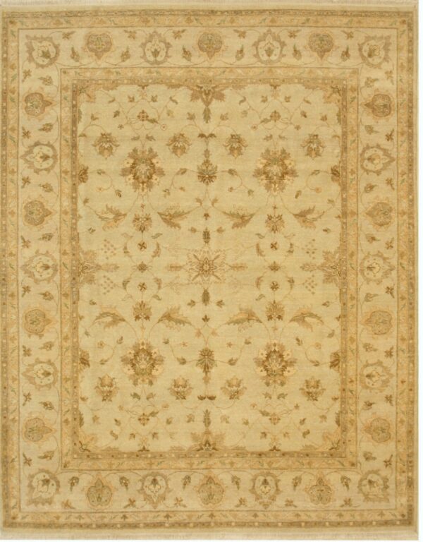 Rectangular light beige rug with detailed taupe, tan, and cream traditional floral vine motifs and borders.