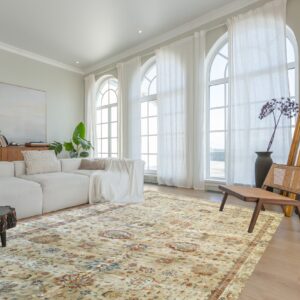 Cream and rust traditional rug on wood floors, surrounded by white sofa and large arched windows.