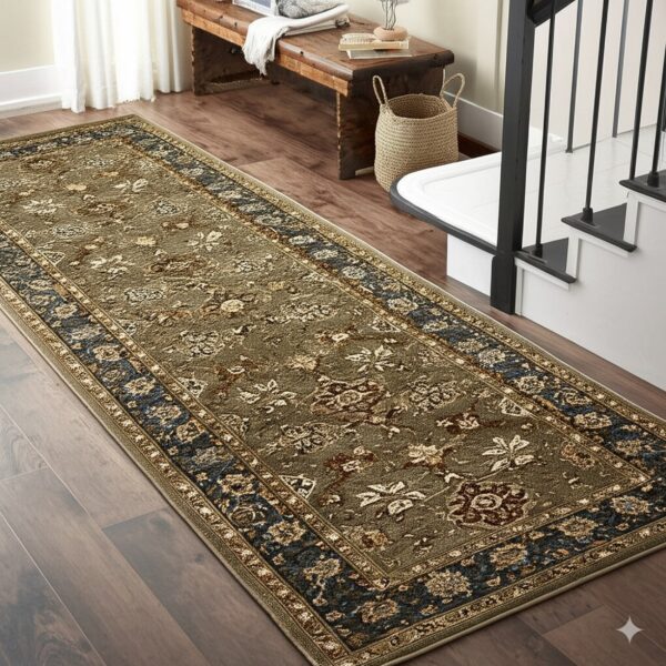 Traditional runner rug in green, blue, and brown floral pattern sits on wood flooring by stairs.