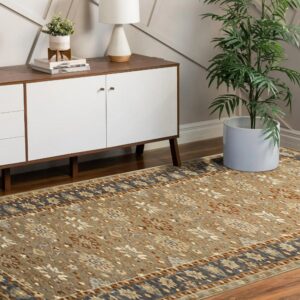 Khaki traditional rug with dark blue border on wood flooring complements a white modern credenza.