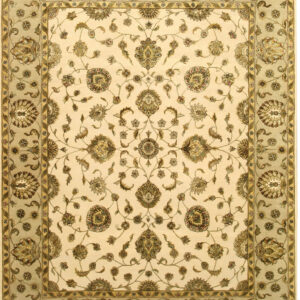 Cream rug with a classic all-over floral pattern and borders in sage green and olive tones.