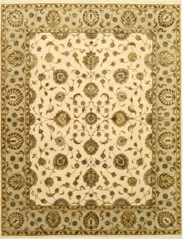 Cream rug with a classic all-over floral pattern and borders in sage green and olive tones.