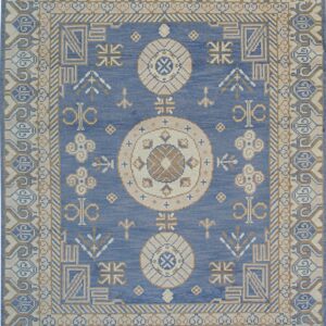 Blue rug featuring geometric medallions and intricate borders in beige, tan, and cream.