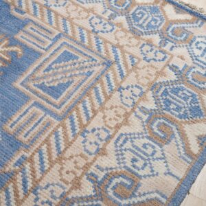 Textured pile rug with blue, beige, and brown geometric tribal patterns on light wood flooring.