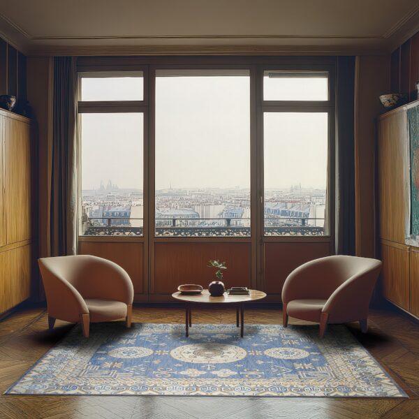 Blue traditional rug with cream geometric patterns sits between two tan chairs on dark wood floors.