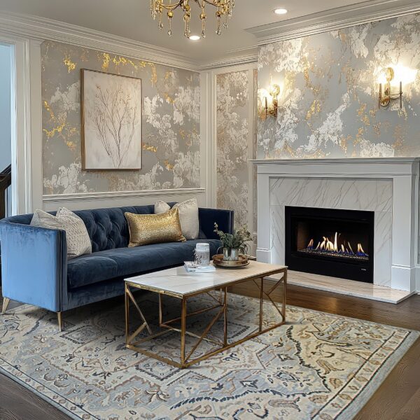 Traditional blue, cream, and brown rug on dark wood floor beneath a velvet sofa and marble fireplace.