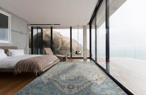 Blue and cream traditional rug on a wood floor in a modern bedroom with large glass walls.