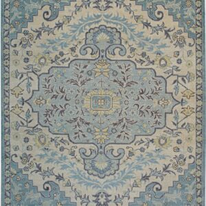 Traditional area rug featuring an ornate floral medallion pattern in teal, beige, and dark grey.