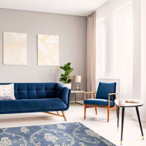 A distressed blue rug with an off-white floral trellis pattern anchors a bright room with blue mid-century furniture.