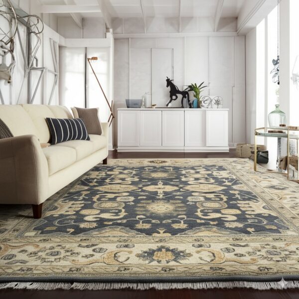 Traditional navy and cream rug with fringe accents a bright white living room over dark wood flooring.