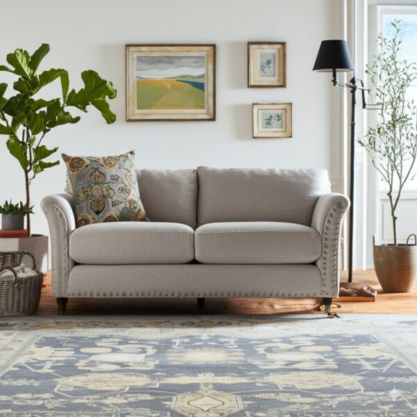 Gray and cream distressed rug sits beneath a neutral sofa on hardwood flooring.