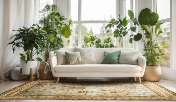 A pale blue and gold traditional rug anchors a light-filled living room with a white sofa and many plants.