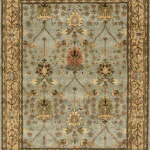 Pale blue-green traditional rug with an elaborate floral design and gold, olive, and terracotta accents.