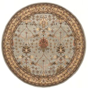 Circular rug with a light blue field and intricate tan and brown traditional floral patterns.