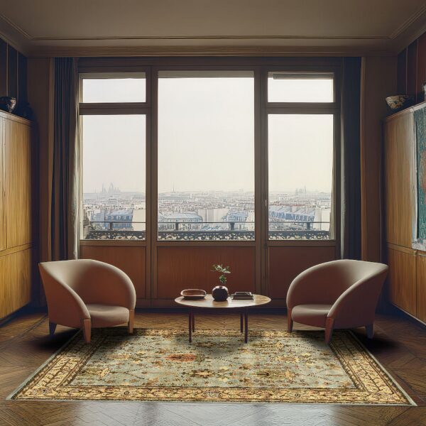 A sage green and gold traditional rug lies beneath two beige chairs in a wood-paneled room overlooking a city.