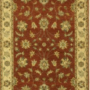 Red and cream traditional rug displaying a symmetric pattern of stylized gold and olive flowers.