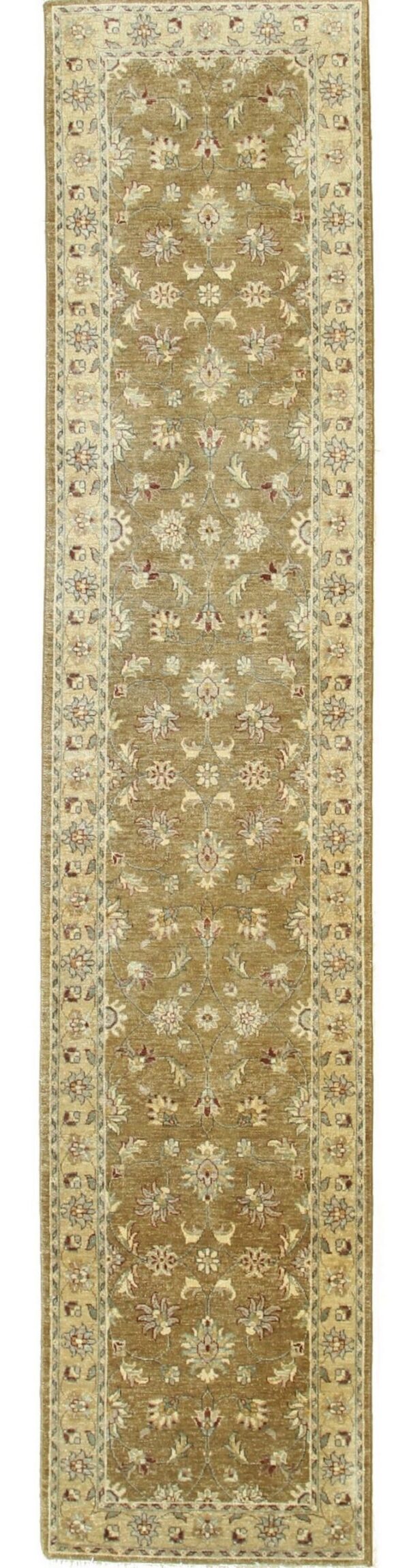 Traditional runner rug in warm olive and cream, featuring an intricate floral motif bordered by smaller patterns.