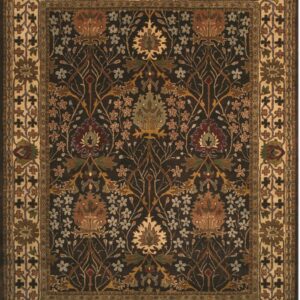 Dark brown rug with an intricate traditional floral pattern and wide tan and geometric borders.