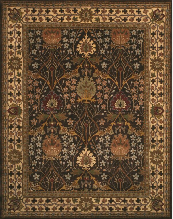 Dark brown rug with an intricate traditional floral pattern and wide tan and geometric borders.