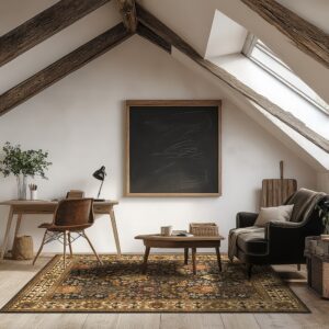 Traditional gold and dark brown patterned rug placed in a rustic loft with exposed wood beams.