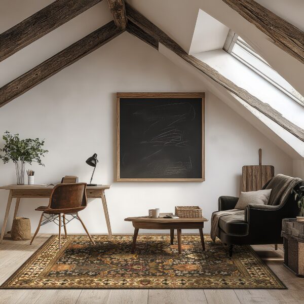 Traditional gold and dark brown patterned rug placed in a rustic loft with exposed wood beams.
