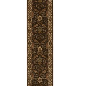 Runner rug with a dark brown field, ornate multicolored floral pattern, and thick light tan border.