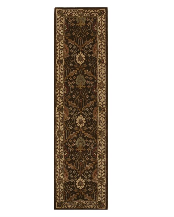 Runner rug with a dark brown field, ornate multicolored floral pattern, and thick light tan border.