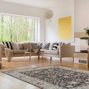 A gray and charcoal ornamental area rug lays on a hardwood floor in a bright, modern living room.