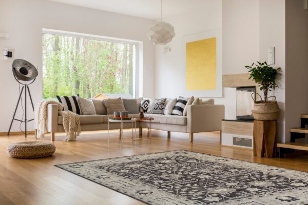 A gray and charcoal ornamental area rug lays on a hardwood floor in a bright, modern living room.
