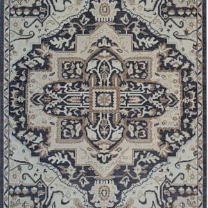 Ornate traditional rug displaying a central medallion design in dark navy, light cream, and tan with short fringe.
