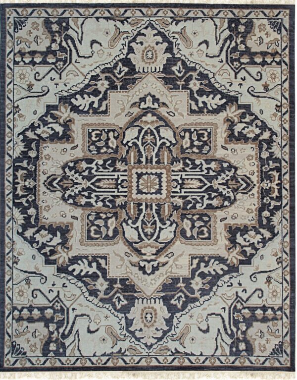 Ornate traditional rug displaying a central medallion design in dark navy, light cream, and tan with short fringe.