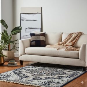 A distressed navy and cream medallion rug lies under a beige sofa on a hardwood floor.