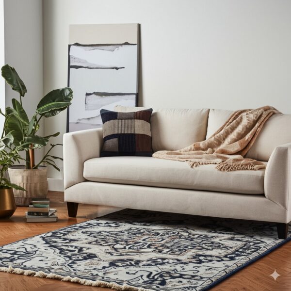 A distressed navy and cream medallion rug lies under a beige sofa on a hardwood floor.