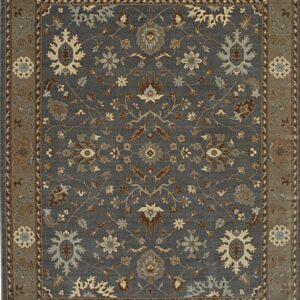 Traditional floral area rug featuring a slate gray field, taupe border, and detailed motifs in cream and brown.
