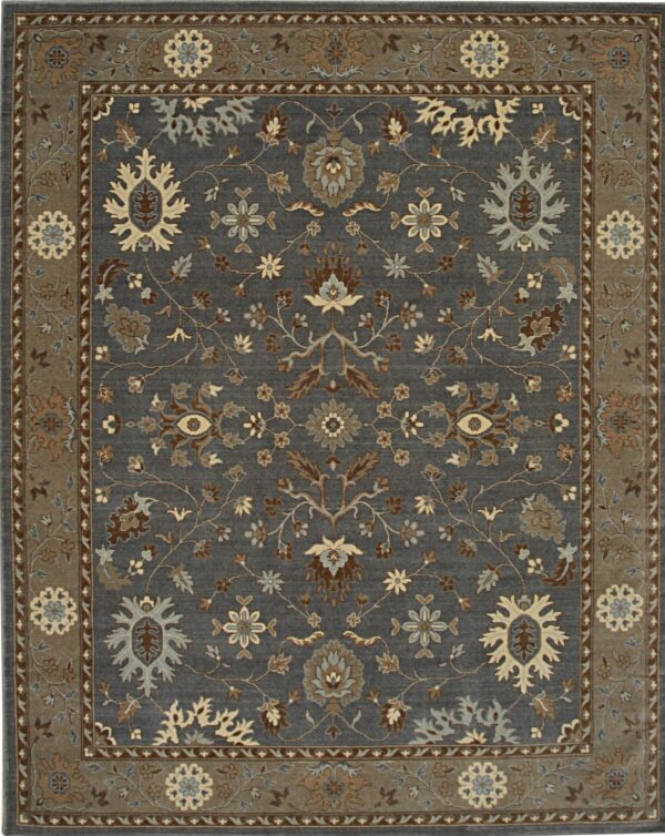 Traditional floral area rug featuring a slate gray field, taupe border, and detailed motifs in cream and brown.