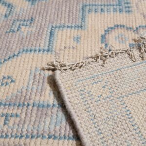 Close-up of a light blue and cream patterned rug with the corner folded, showing the woven backing.