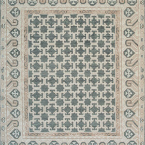 Teal and cream geometric rug with a repeating trellis motif and decorative tan border details.